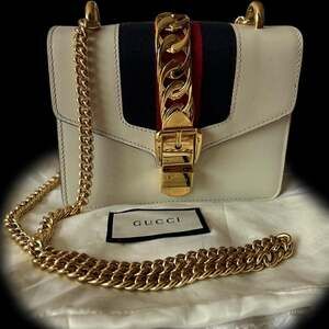 Gucci Sylvie White Leather Flap Chain Crossbody Shoulder Bag with Metal Buckle